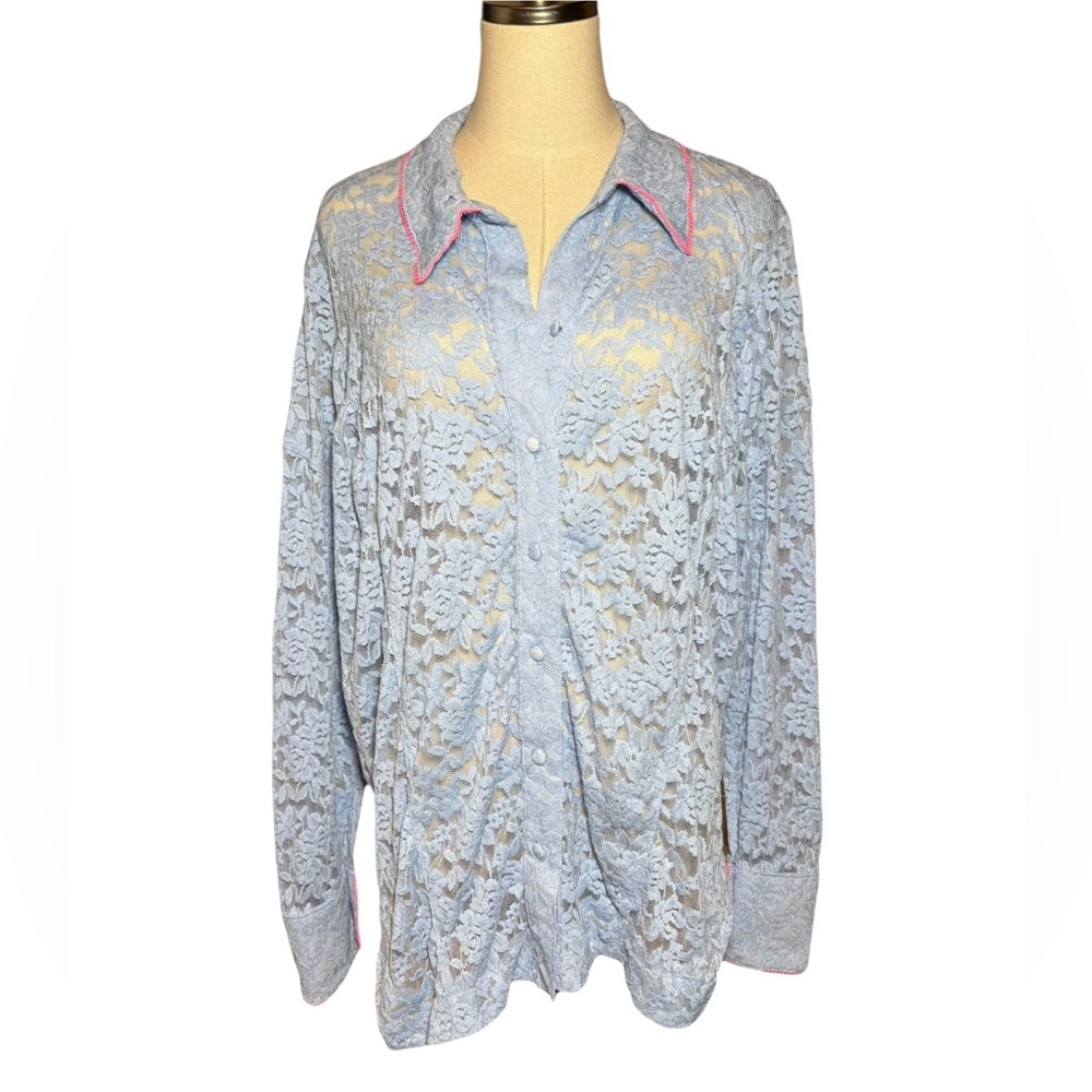 Intimately Free People Lace Button-Up Shirt Powder Blue S - Picture 3 of 10